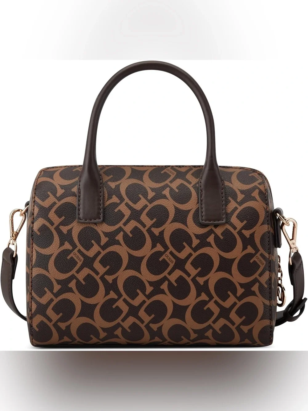 NWT GUESS Brown Logo-Print Satchel with Dark Brown Trim